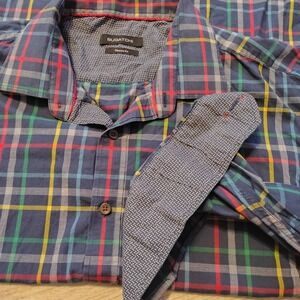 Bugatchi Button Shirt Plaid Mens Classic Fit Blue Flip Cuff XL Preppy Colorful